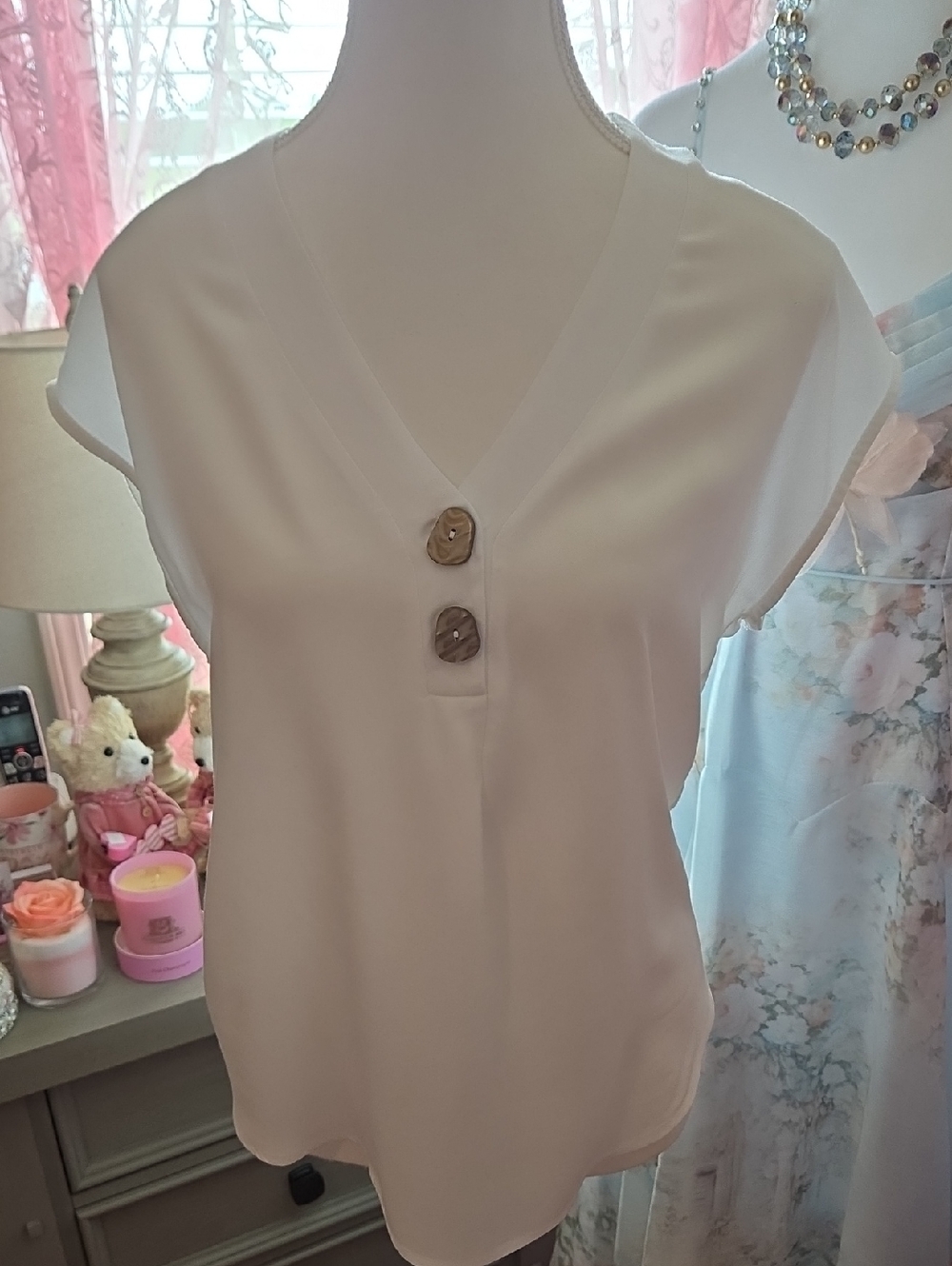 Classic V-Neck Dolman Sleeve Blouse with Pearescent Decorative Buttons.- White